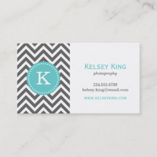Carte De Visite Charcoal Grey et Turquoise Chevron Monogram