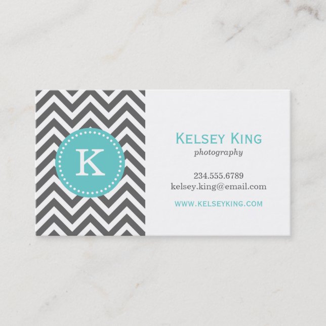 Carte De Visite Charcoal Grey et Turquoise Chevron Monogram (Devant)