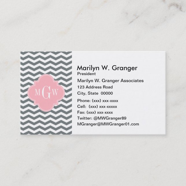 Carte De Visite Charcoal Thin Chevron Pink Quatrefoil 3 monogram (Devant)