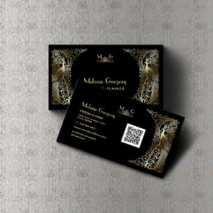 Carte De Visite Charme QR Code Gold Art Déco Peacocks Professionne