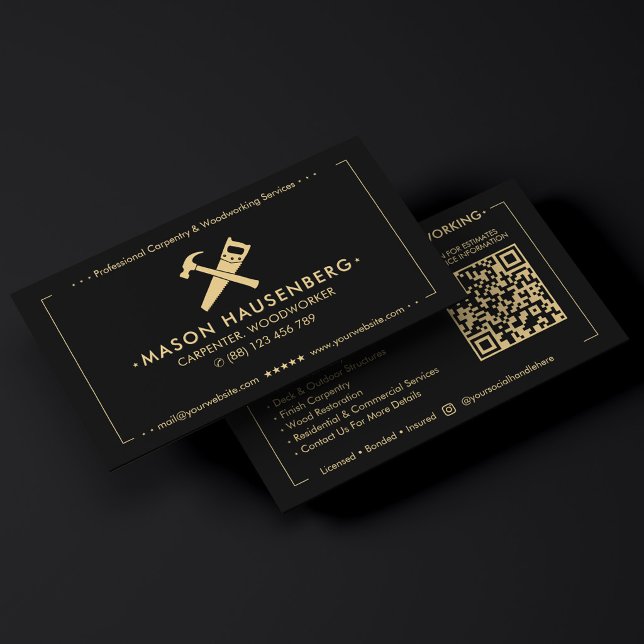 Carte De Visite Charpentier Moderne Menuisier Constructeur de Deck (Modern Carpenter Woodworker Deck Builder Black Business Card
)