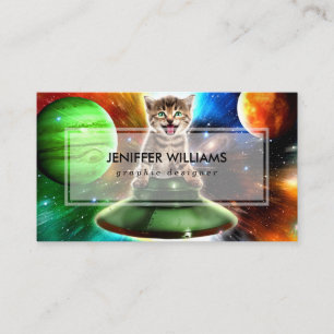 Carte De Visite Chat Alien dans la soucoupe de l'ufo