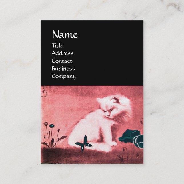 CARTE DE VISITE CHAT BLANC AVEC POITRINE NOIR MONOGRAMME ROSE (Devant)