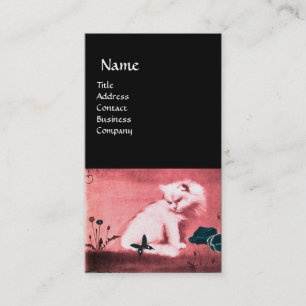 CARTE DE VISITE CHAT BLANC AVEC POITRINE NOIR MONOGRAMME ROSE