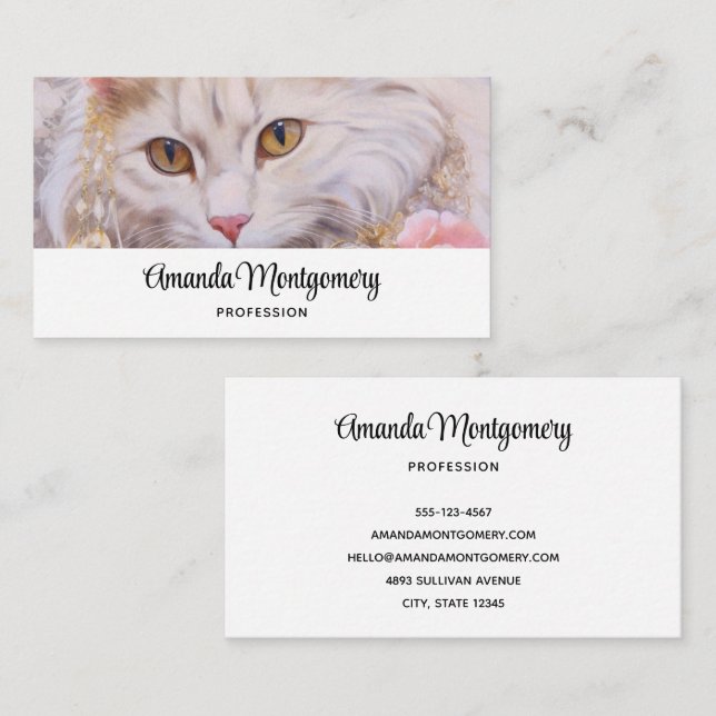 Carte De Visite Chat blanc élégant en or et diamants (Devant / Derrière)