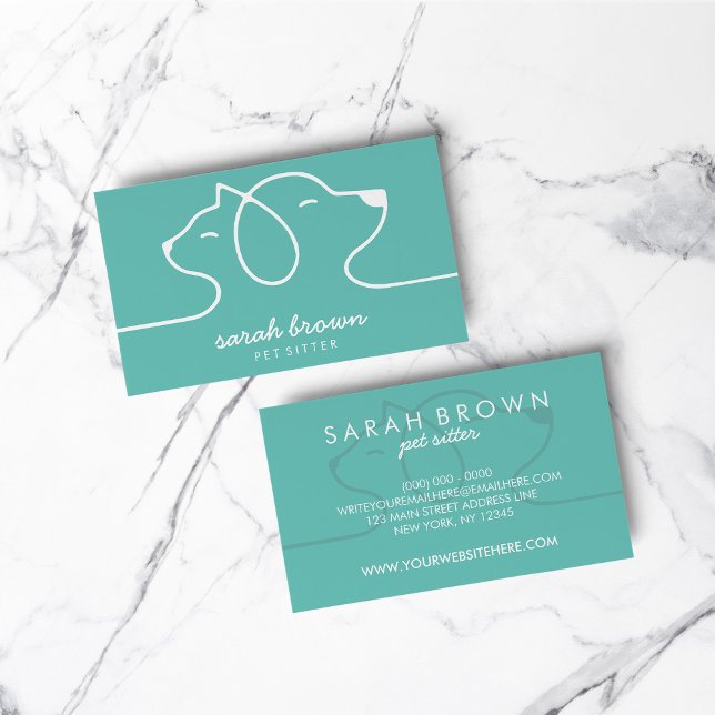 Carte De Visite Chat Chien Ligne Logo Petsitter Green (Cat Dog Line Logo Petsitter Green Business Card)