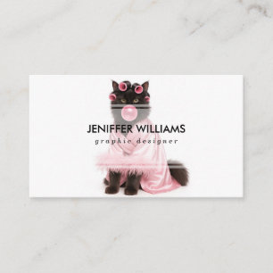 Carte De Visite Chat dans une robe rose avec bigoudis et bubble-gu