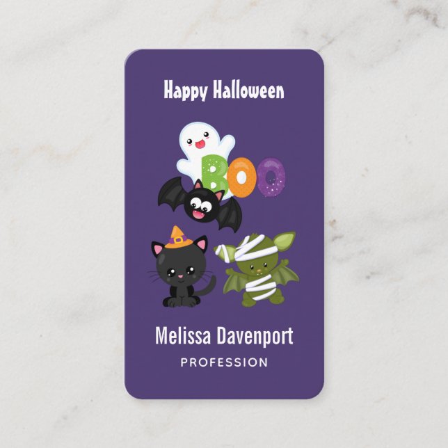 Carte De Visite Chat de Cute Halloween, bat, mummy et ghost (Devant)
