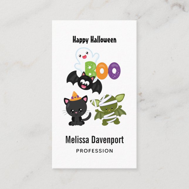 Carte De Visite Chat de Cute Halloween, bat, mummy et ghost (Devant)