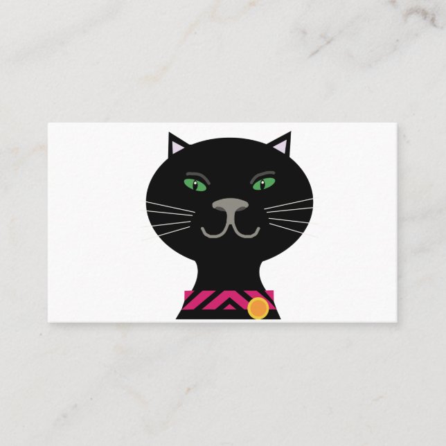 Carte De Visite Chat noir aux yeux verts et col rose (Devant)
