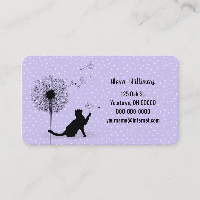 Carte De Visite Chat noir avec dandelion sur violet (Devant)
