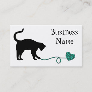 Carte De Visite Chat noir et fil en forme de coeur (turquoise)