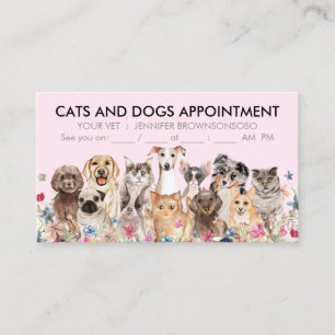 Carte De Visite Chats et chiens illustrés à fleurs roses
