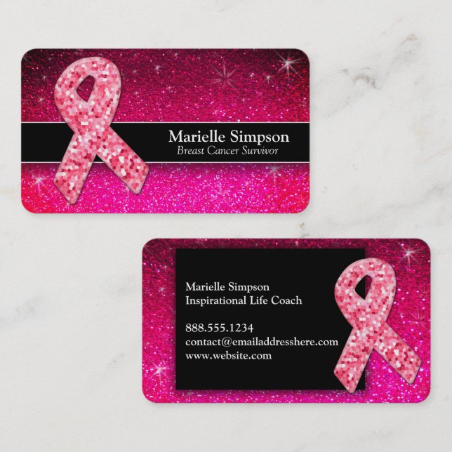 Carte De Visite Chaud rose Parties scintillant Cancer du sein Surv (Devant / Derrière)