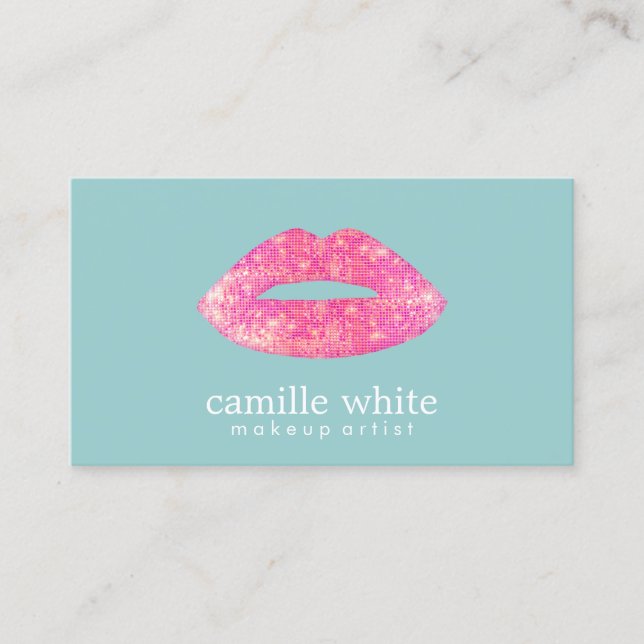 Carte De Visite Chaud rose Sequin Lips Beauté Salon mignon Turquoi (Devant)
