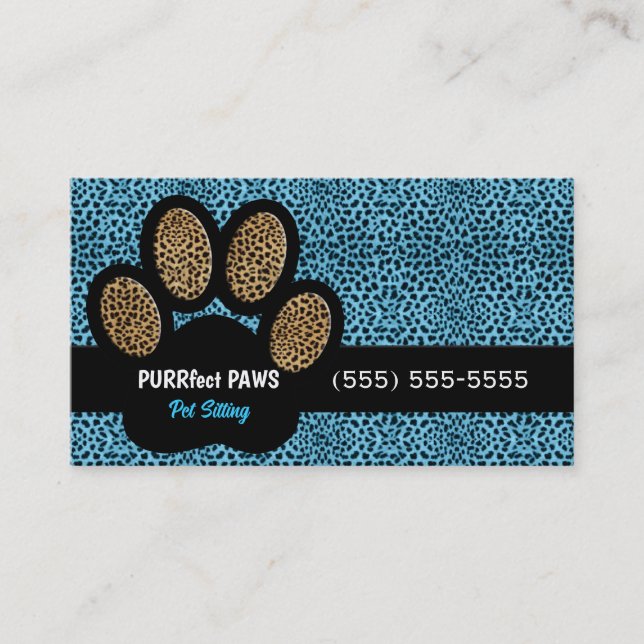 Carte De Visite Cheetah bleu Imprimer Paw Pet Sitter personnalisé (Devant)