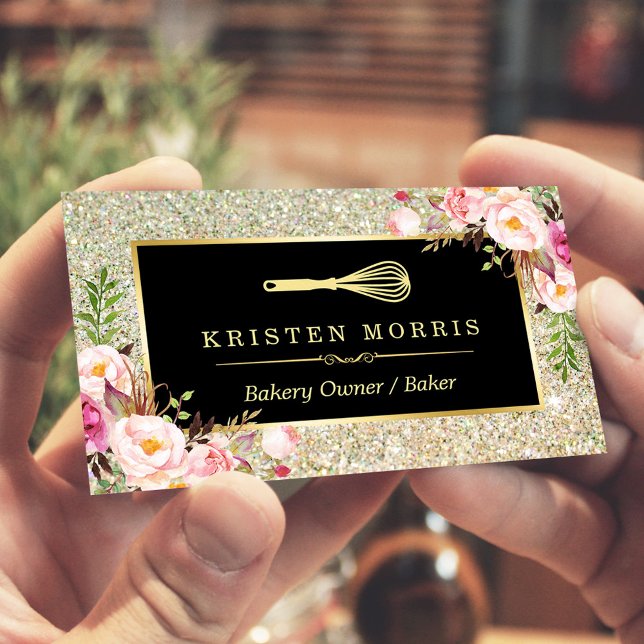 Carte De Visite Chef boulangerie Whisk Logo Floral Gold Parties sc (Créateur téléchargé)