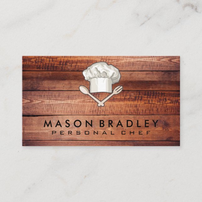 Carte De Visite Chef Casquette Ustensiles | Bois (Devant)