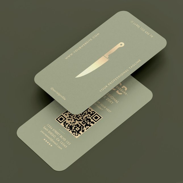 Carte De Visite Chef moderne Gold Couteau Sage Green Luxe (Modern Chef Gold Knife Sage Green Luxury Business Card
)