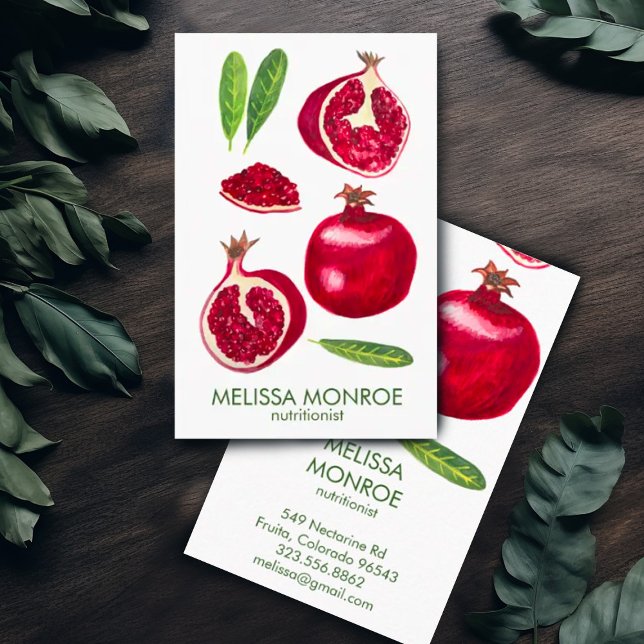 Carte De Visite Chef Nutritionniste Entraîneur Grenades Fruit d'au (Hand painted watercolor pomegranates decorate this custom business card. Add your own text.)