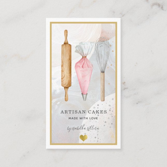 Carte De Visite Chef pâtissier Baker Pink Gold Aquarelle Ustensile (Devant)