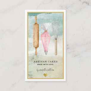 Carte De Visite Chef pâtissier Baker Pink Gold Aquarelle Ustensile