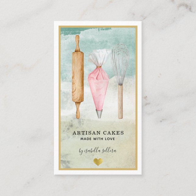 Carte De Visite Chef pâtissier Baker Pink Gold Aquarelle Ustensile (Devant)