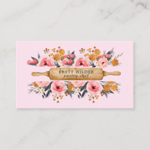Carte De Visite Chef pâtissier Baker Rolling Pin Floral Rose