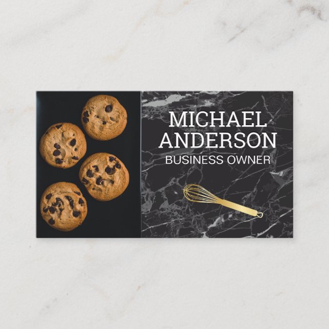 Carte De Visite Chef pâtissier | Cookies | Whisk | Marbre noir (Devant)