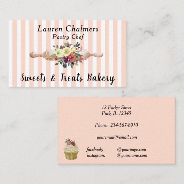 Carte De Visite Chef Pâtissier Rose Pin-Blush Floral (Devant / Derrière)
