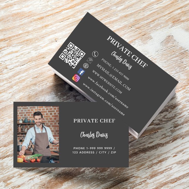Carte De Visite Chef privé charcoal grey photo catering QR code (Créateur téléchargé)