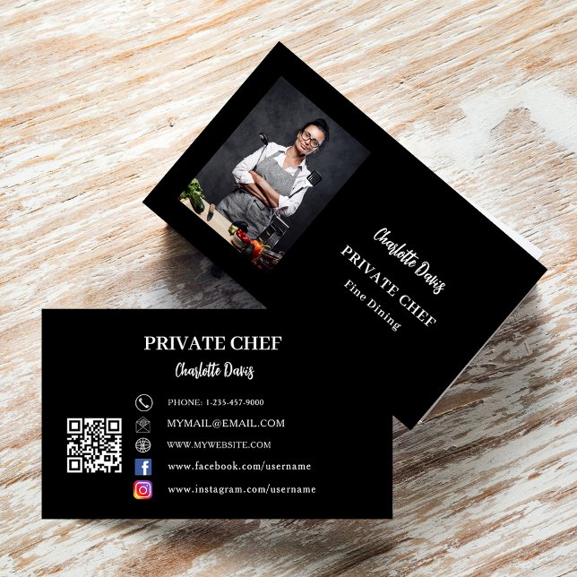 Carte De Visite Chef privé noir blanc photo fine dîner code QR (Créateur téléchargé)