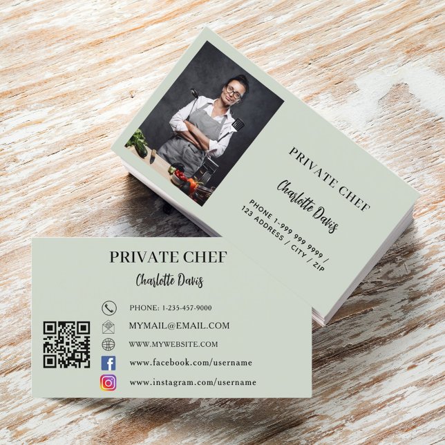 Carte De Visite Chef privé sauge vert photo traiteur code QR (Créateur téléchargé)