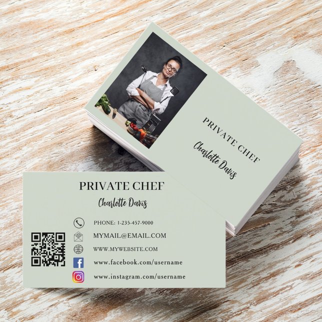 Carte De Visite Chef privé sauge vert photo traiteur code QR (Créateur téléchargé)