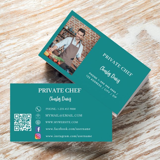 Carte De Visite Chef privé turquoise de restauration de photos ver (Créateur téléchargé)