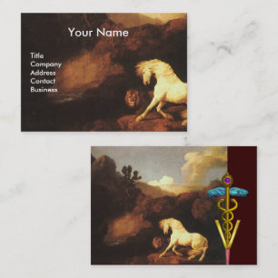 CARTE DE VISITE CHEVAL BLANC ET LION / SYMBOLE VÉTÉRINAIRE CADUCUS