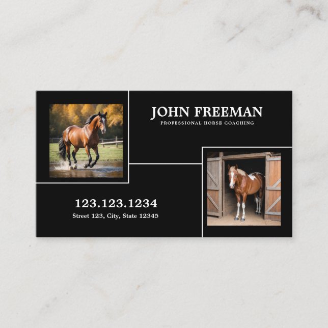 Carte De Visite Cheval noir et blanc unique Photos Equine (Devant)