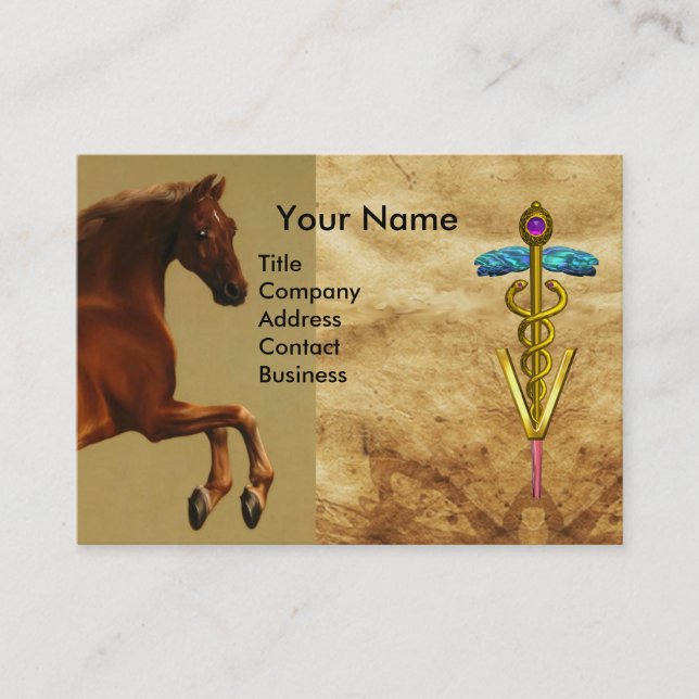 CARTE DE VISITE CHEVAL ROUGE ET SYMBOLE VÉTÉRINAIRE DE CADUCE OR (Devant)