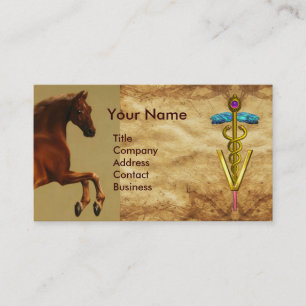 CARTE DE VISITE CHEVAL ROUGE ET SYMBOLE VÉTÉRINAIRE DE CADUCE OR