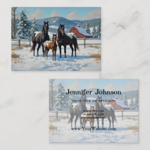 Carte De Visite Chevaux Appaloosa noirs sur une ferme en hiver
