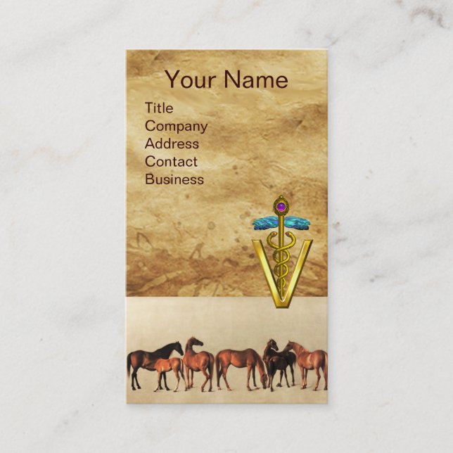 CARTE DE VISITE CHEVAUX/MARES ET FOALS SYMBOLE VÉTÉRINAIRE CADUCE (Devant)