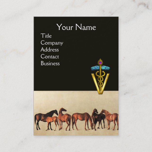 CARTE DE VISITE CHEVAUX/MARES ET FOALS SYMBOLE VÉTÉRINAIRE CADUCE (Devant)
