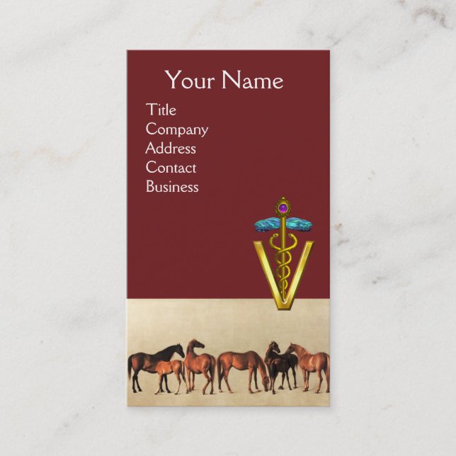 CARTE DE VISITE CHEVAUX/MARES ET FOALS SYMBOLE VÉTÉRINAIRE CADUCE (Devant)