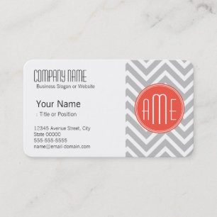 Carte De Visite Chevron Gris et Monogramme Personnalisé Corail