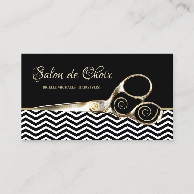 Carte De Visite Chevron Stripes Salon Hairstyliste Or Ciseaux (Devant)