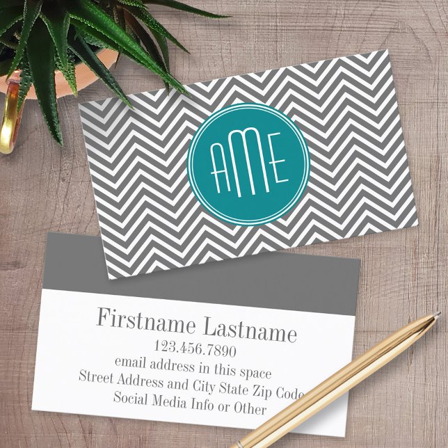 Carte De Visite Chevrons turquoises au charbon de bois Monogramme  (Custom Printed Business Cards)