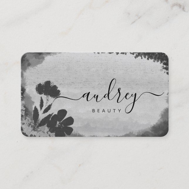 Carte De Visite Chic Aquarelle noir et blanc signature florale (Devant)