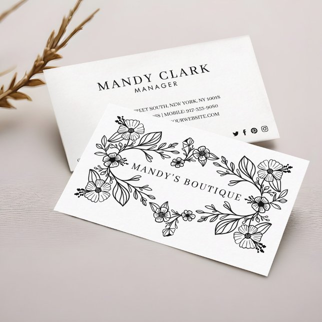 Carte De Visite Chic Black & Blanc Floral Botanique Fluale Wreath (Chic Black & White Floral Botanical Floral Wreath Business Card)