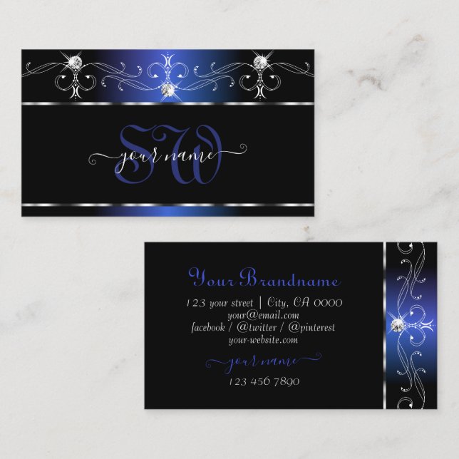 Carte De Visite Chic Black Blue Squigles Bijoux étincelants Monogr (Devant / Derrière)