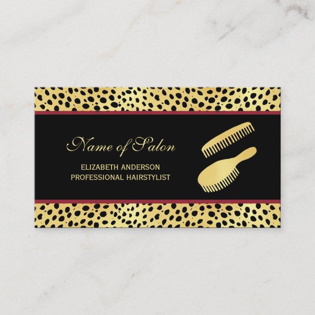 Carte De Visite Chic Black Gold Cheetah Imprimer Coiffeur Salon (Devant)